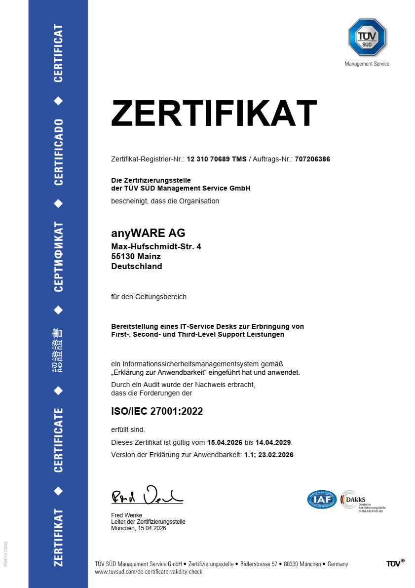 anyWARE erfolgreich nach ISO/IEC 27001:2022 zertifiziert